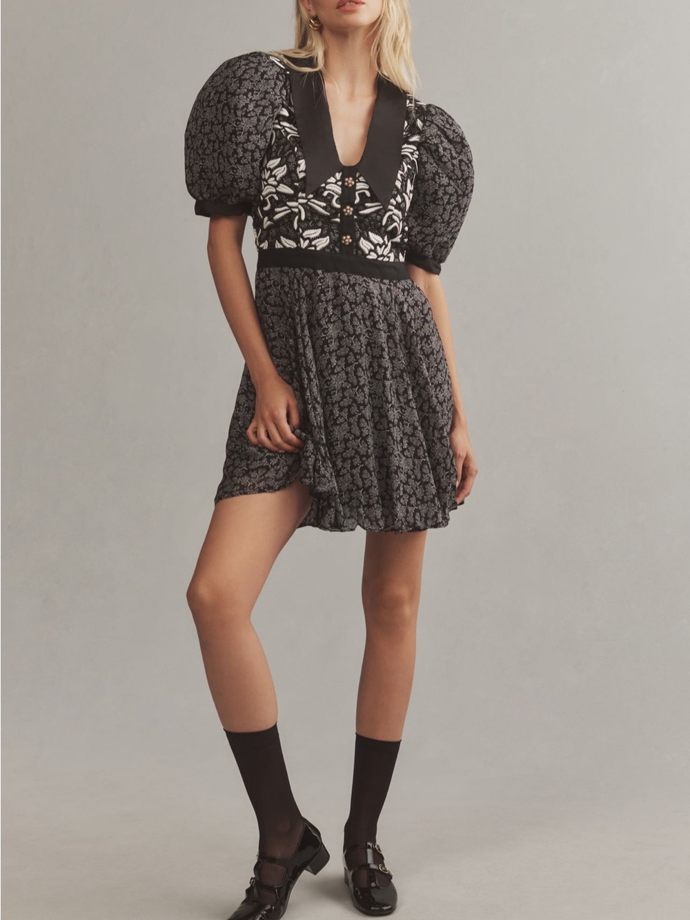Anthropologie Black Puff-Sleeve V-Neck Mini Dress with Floral Details
